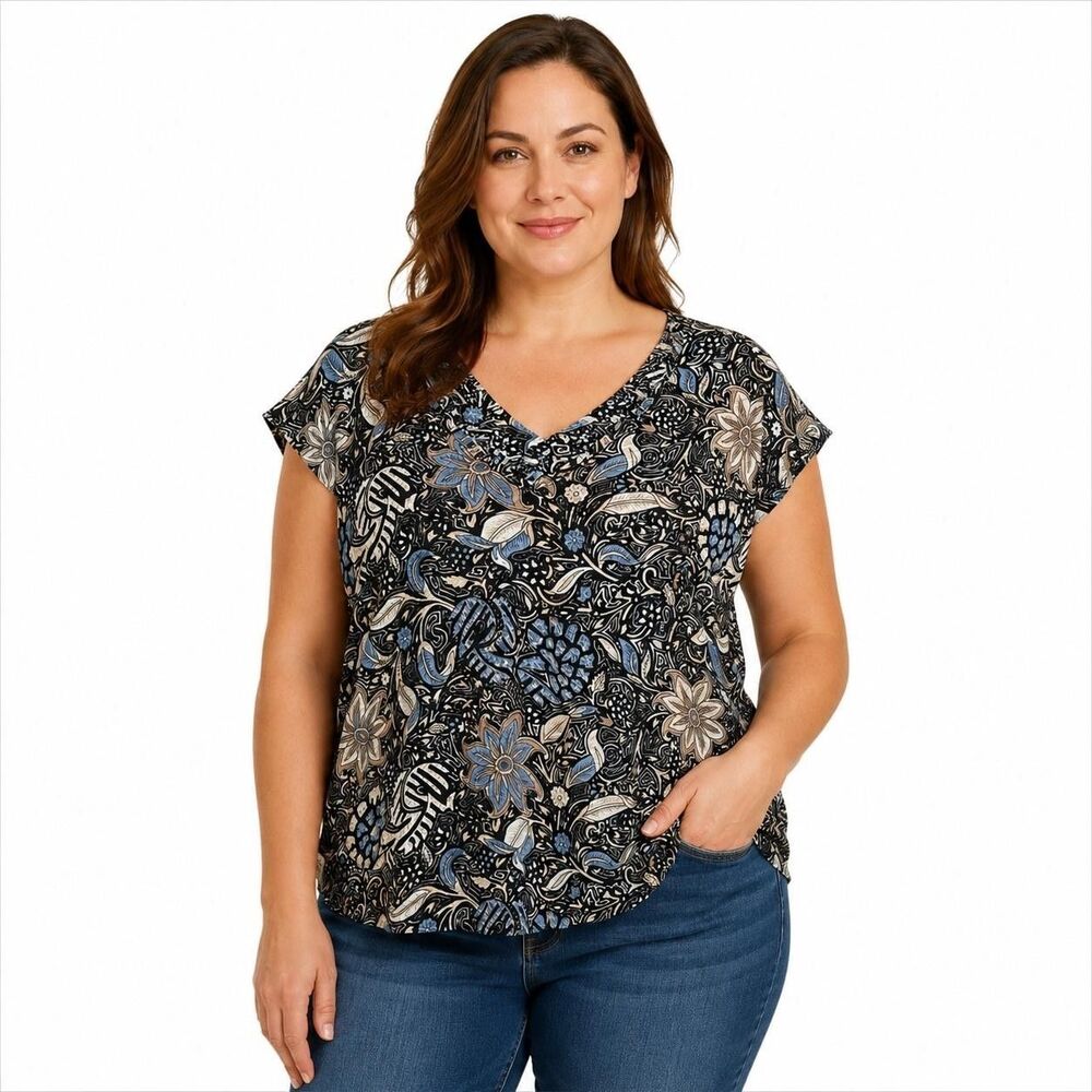 C&C California Shirt Womens Large Black Floral V Neck Short Sleeve Linen Top